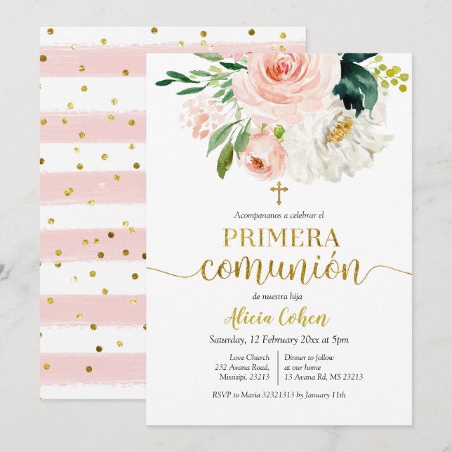Pink Peach Floral Primera comunión Invitacion Invitation (Front/Back)