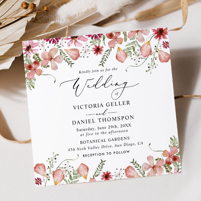 Pink Peach Floral Square Wedding  Invitation (Creator Uploaded)