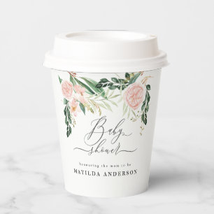 Pink peach floral watecolor baby shower party paper cups