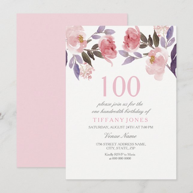Pink Peach Floral Watercolor 100th Birthday Invite (Front/Back)