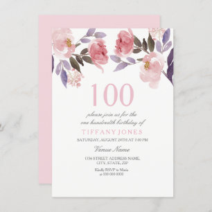 Pink Peach Floral Watercolor 100th Birthday Invite