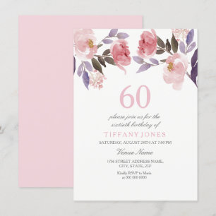 Pink Peach Floral Watercolor 60th Birthday Invite