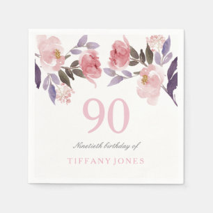 Pink Peach Floral Watercolor 90th Birthday Napkin