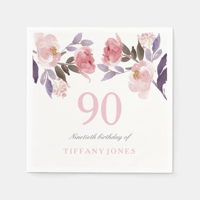 Pink Peach Floral Watercolor 90th Birthday Napkin (Front)