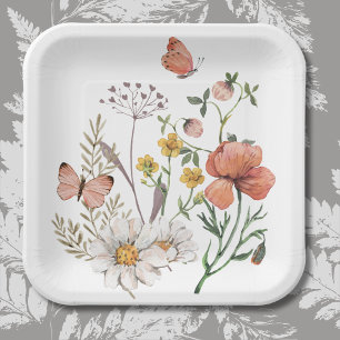 Pink Peach Floral Wildflowers Square Paper Plate