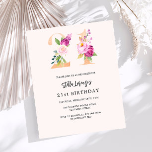 Pink peach florals 21st birthday budget invitation