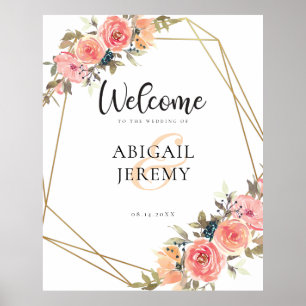 Pink Peach Florals Gold Frame Wedding Welcome Poster