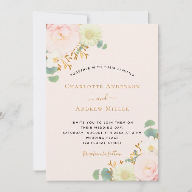 Pink peach florals wedding invitation (Front)