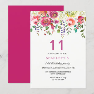 Pink Peach Flowers 11th Birthday Party Invitation
