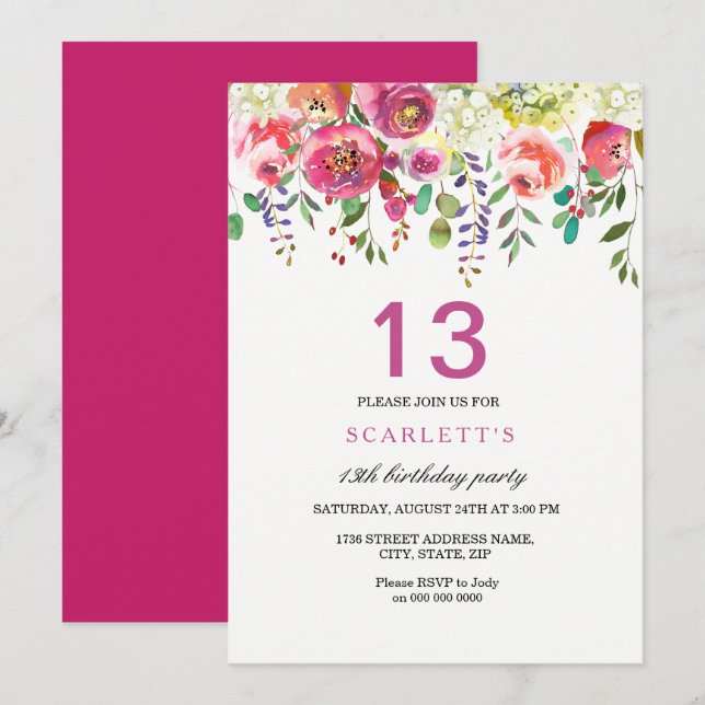 Pink Peach Flowers 13th Birthday Party Invitation (Front/Back)