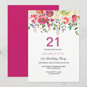 Pink Peach Flowers 21st Birthday Party Invitation