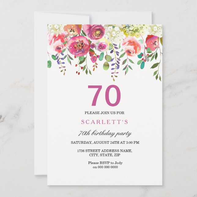 Pink Peach Flowers 70th Birthday Party Invitation (Front)