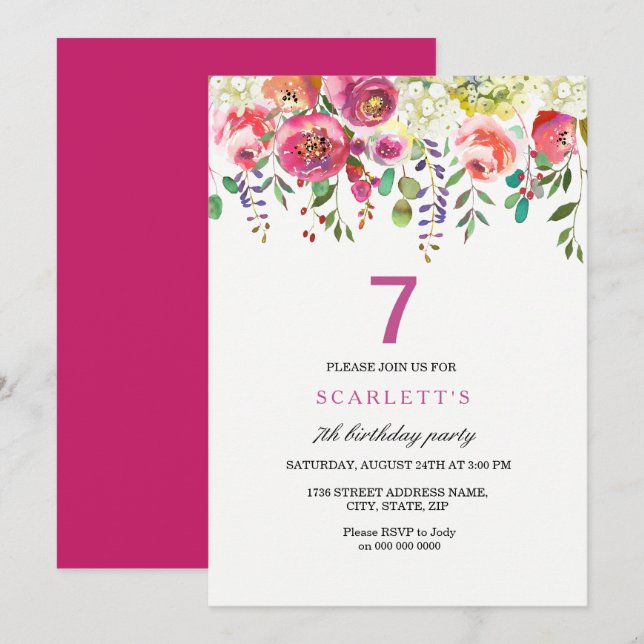 Pink Peach Flowers 7th Birthday Party Invitation (Front/Back)