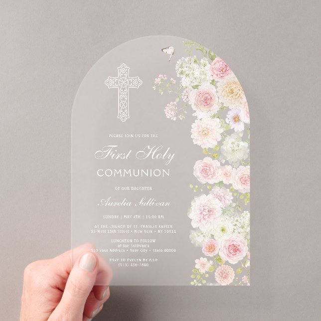 Pink Peach Flowers Arch First Communion Acrylic Invitations (Insitu (Handheld))