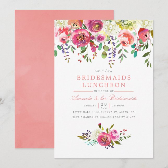 Pink Peach Flowers Bridesmaids Luncheon Invitation (Front/Back)