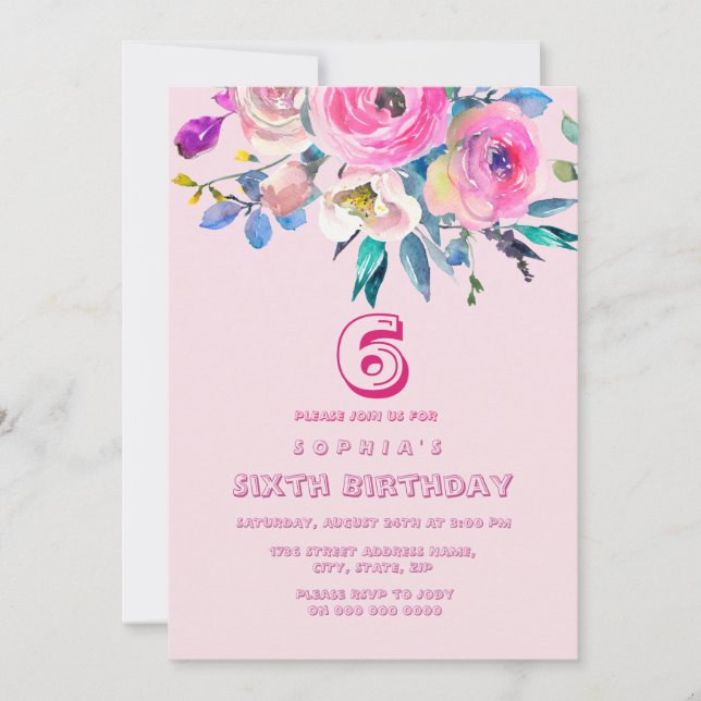 Pink Peach Flowers Girl Children Kids Birthday Invitation (Front)