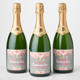 Pink peach flowers grey wood 70th birthday sparkling wine label