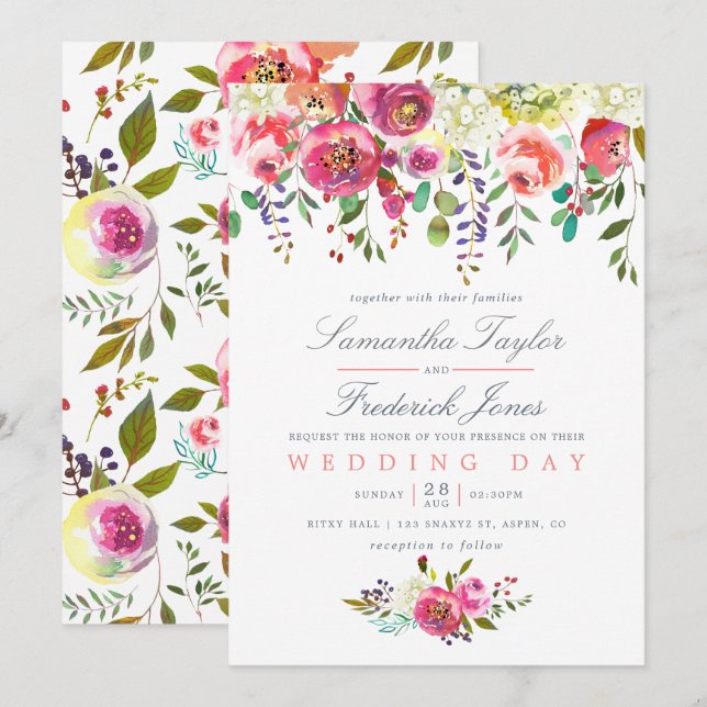 Pink Peach Flowers Wedding Invitation (Front/Back)