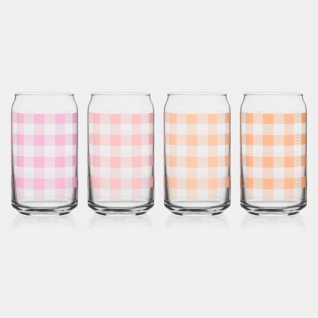Pink Peach Gingham Pattern Can Glass (Front)