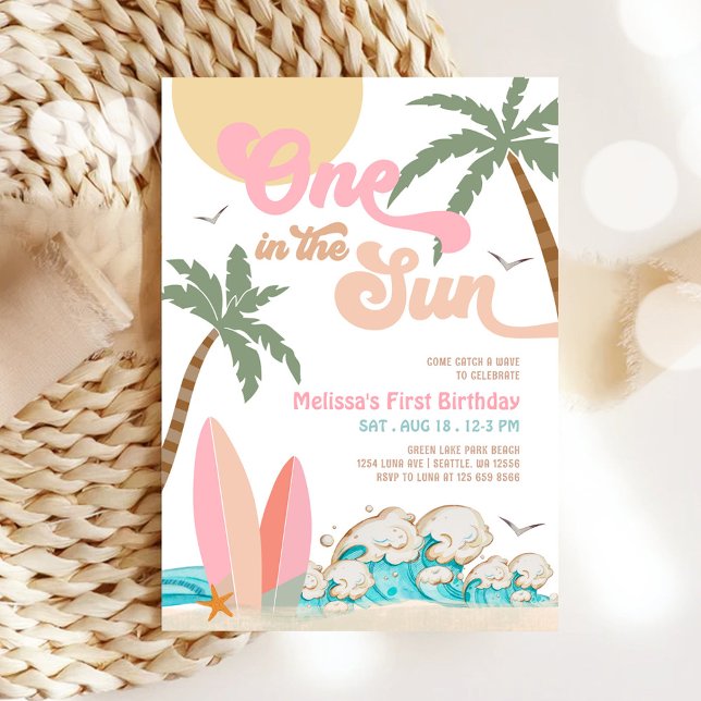 Pink Peach Girl One In The Sun Surf 1st Birthday Invitation (Creator Uploaded)