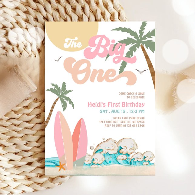 Pink Peach Girl The Big One Surfing 1st Birthday  Invitation (Creator Uploaded)