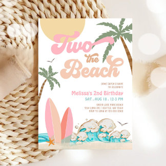 Pink Peach Girl TWO the BEACH Surfing 2nd Birthday Invitation