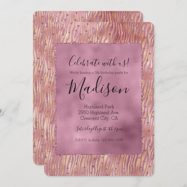 Pink Peach Glitzy Glitter Sparkle Zebra Print Invitation (Front/Back)