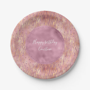 Pink Peach Glitzy Glitter Sparkle Zebra Print Paper Plate