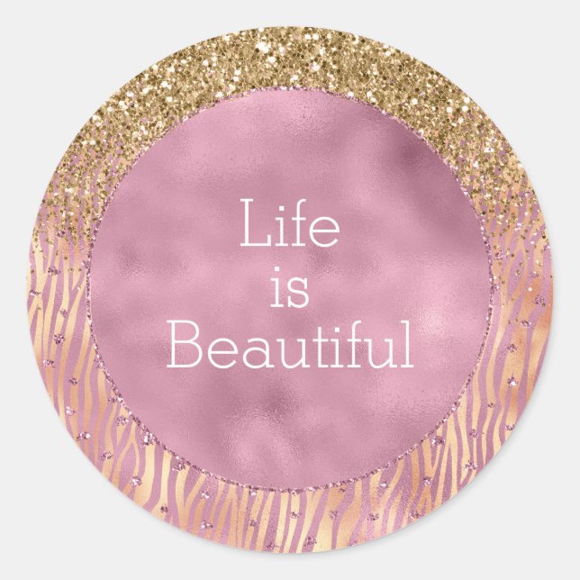 Pink Peach Glitzy Gold Glitter Sparkle Zebra Print Classic Round Sticker (Front)