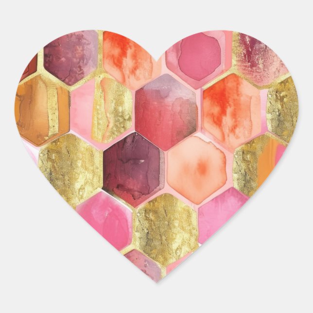 Pink Peach Gold Abstract Heart Sticker (Front)