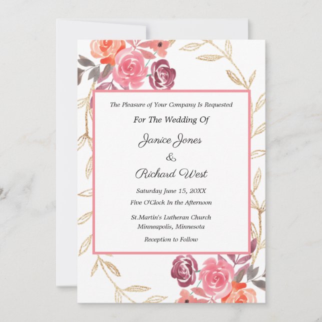 Pink Peach Gold Floral Wreath Wedding Invitation (Front)