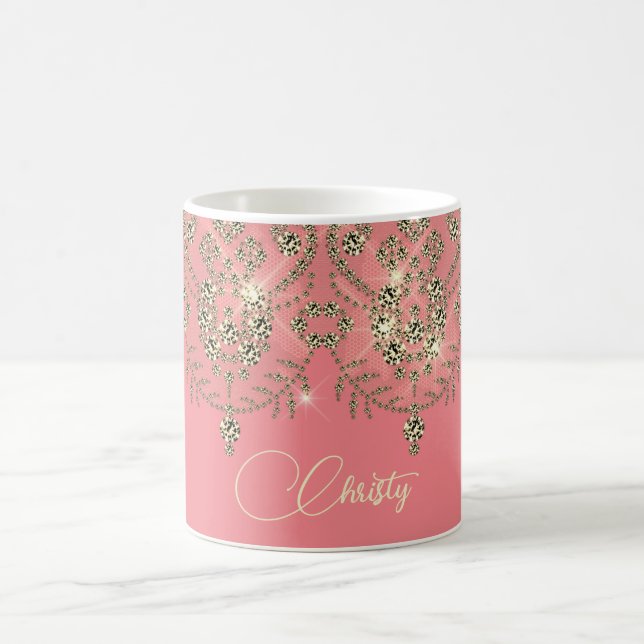 Pink peach gold lace elegant sparkle  coffee mug (Center)