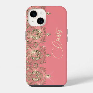Pink peach gold lace elegant sparkle look iPhone 14 case