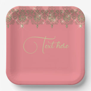 Pink peach gold lace elegant sparkle paper plate