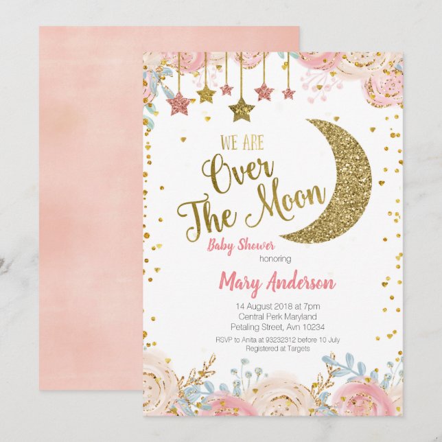 Pink Peach Gold Moon Baby Shower for girl Invitation (Front/Back)