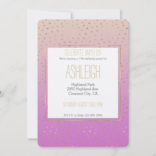 Pink Peach Gold Ombre Confetti Dots Birthday Invitation (Front)