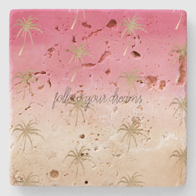 Pink Peach Gold Tropical Palm Trees Ombre       Stone Coaster (Front)