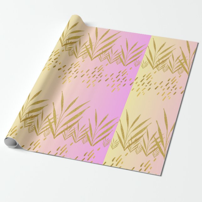 Pink&Peach Gradient Palm Leaf Wrapping Paper (Unrolled)