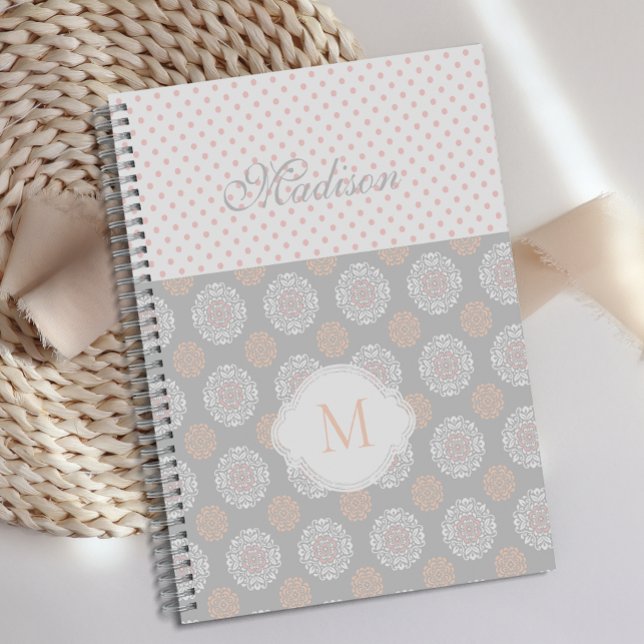 Pink Peach Grey Dots Trendy Monogram Planner (Creator Uploaded)