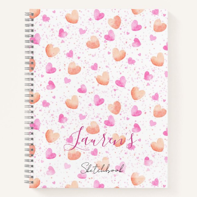 Pink & Peach Hearts Splash Custom Sketchbook Notebook (Front)
