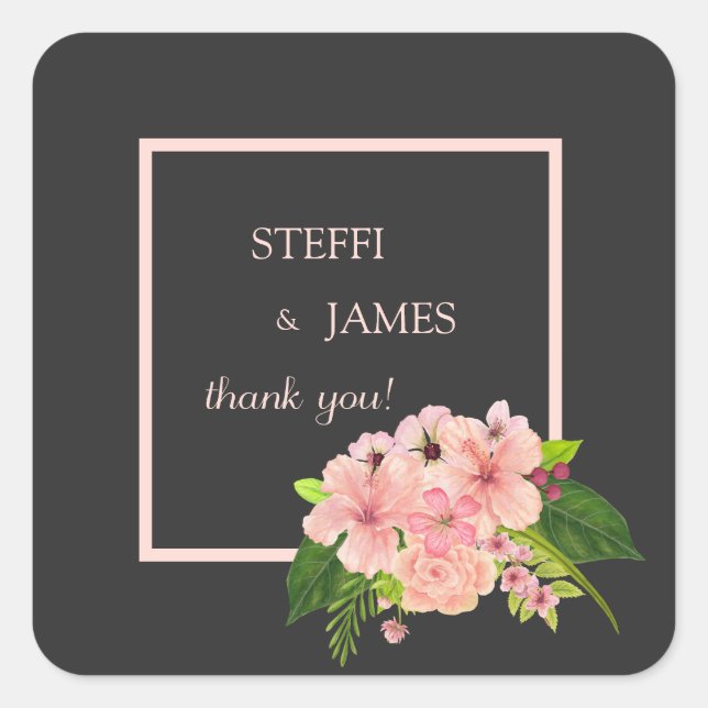 Pink & Peach Hibiscus Floral Charcoal Thank You Square Sticker (Front)