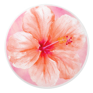 Pink Peach Hibiscus Flower Ceramic Knob