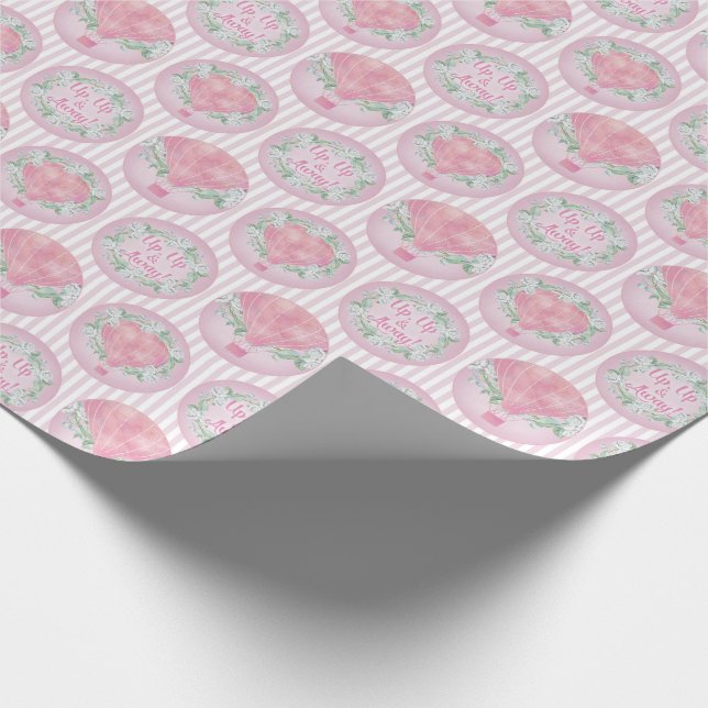 Pink Peach Hot Air Balloon - Floral Stripes Wrapping Paper (Corner)