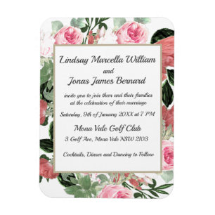 Pink Peach Magnolia Floral Wedding Magnetic Card Magnet