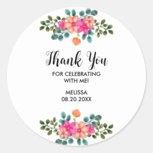 Pink Peach Orange Spring Flower Greenery Thank You Classic Round Sticker