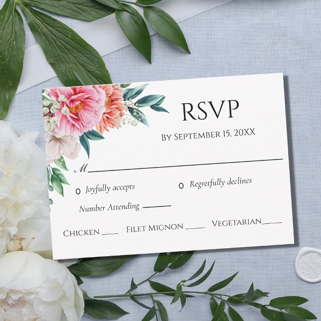 Pink Peach Peonies Floral Eucalyptus Wedding RSVP Card (Creator Uploaded)