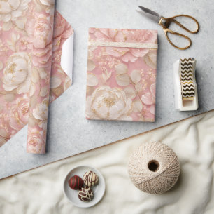 Pink Peach Peonies Floral Gold Elegant  Wrapping Paper