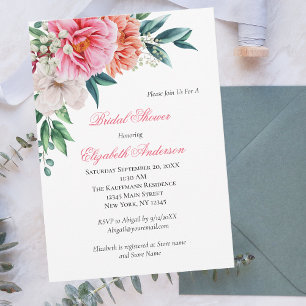 Pink Peach Peony Floral Greenery Bridal Shower Invitation