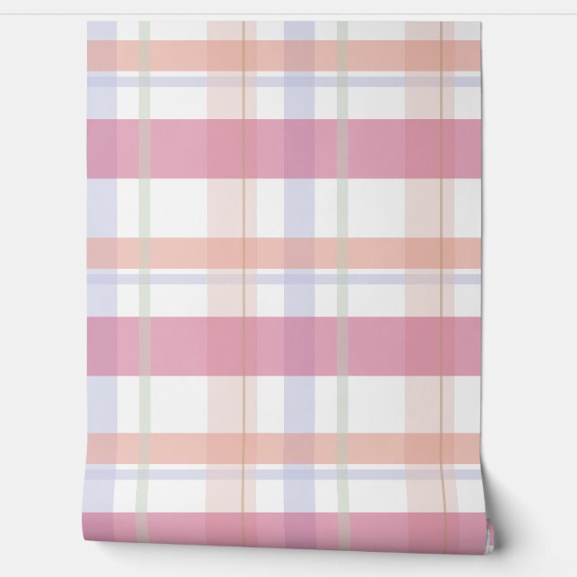 Pink Peach Plaid Patterned Simple Stylish Wallpaper (Unrolling)