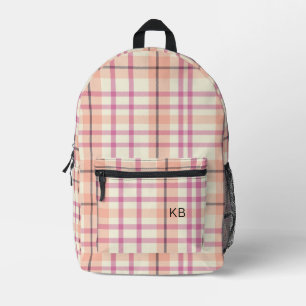 Pink Peach Plaid Tartan Check Monogram Initials Printed Backpack